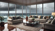 © Tik - Interior architectural hi-res editorial living room with massive glass windows overlooking the ocean, hurricane outside, torrential rain, detailed, high resolution, photorrealistic