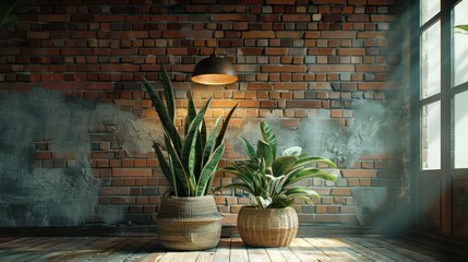 Poster - Two potted plants sit on a brick wall in a room with a window