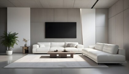 High end modern living room with white leather couch and a large flat screen tv mounted on the wall, brutalist architecture mixed with modern futuristic minimal design