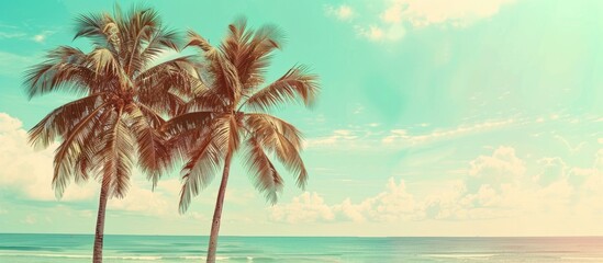 Sticker - Vintage Toned Palm Trees on a Tropical Coast Against a Blue Sky Available for Summer, with a Retro Twist