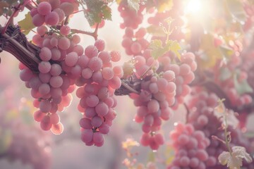 A cluster of pink grapes hanging on a vine with leaves