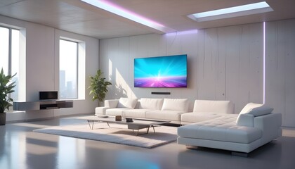 High end modern living room with white leather couch and a large flat screen tv mounted on the wall, brutalist architecture mixed with modern futuristic minimal design