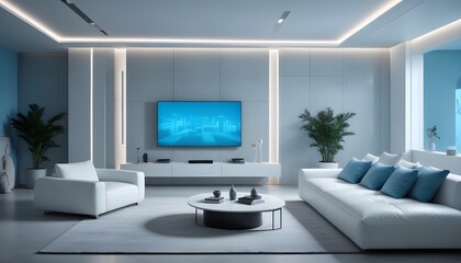 High end modern living room with white leather couch and a large flat screen tv mounted on the wall, brutalist architecture mixed with modern futuristic minimal design