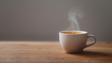Aufkleber - A white coffee cup with steam rising from it sits on a wooden table