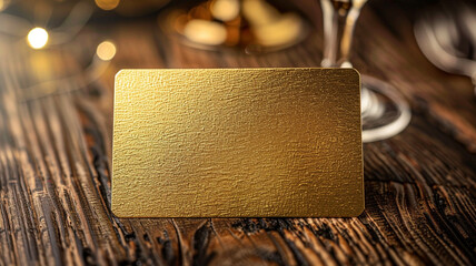 Blank elegant gold card on a luxurious dinner table