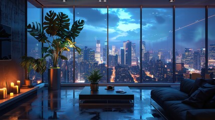 Poster - A large city view is shown through a window in a modern living room