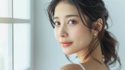 Wall Mural - A beautiful young Asian woman with clean skin gently touching her shoulder against a white background Cosmetology skincare beauty and spa