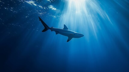 Shark swimming in deep blue ocean with sunlight streaming down.