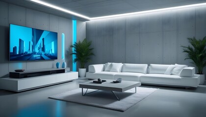 High end modern living room with white leather couch and a large flat screen tv mounted on the wall, brutalist architecture mixed with modern futuristic minimal design