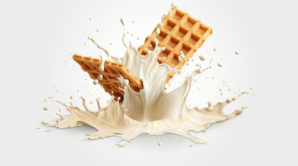 Wall Mural - Crunchy Wafer Dipped in Creamy Milk Splash - 3D Illustration with Clipping Path for Vanilla Flavor Treats