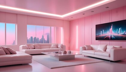 High end modern living room with white leather couch and a large flat screen tv mounted on the wall, brutalist architecture mixed with modern futuristic minimal design