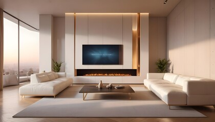 High end modern living room with white leather couch and a large flat screen tv mounted on the wall, brutalist architecture mixed with modern futuristic minimal design