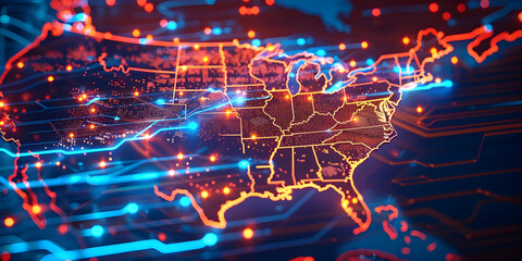 Wall Mural - glowing circuits in usa map shape.