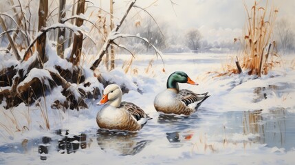 Wall Mural - ducks in the snow