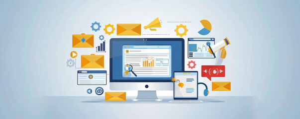 Poster - a computer monitor with a lot of emails and other icons on it. the idea of the image is that of a bu