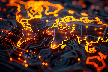 Wall Mural - glowing circuits in world map shape.
