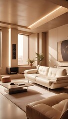 High end modern living room with white leather couch and a large flat screen tv mounted on the wall, brutalist architecture mixed with modern futuristic minimal design