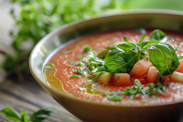 bowl of homemade gazpacho with fresh herbs