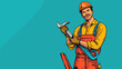 © pond - Worker with a drill worker with a pencil carpenter with a saw in a cartoon style with tags worker construction work repairman helmet tool vector builder illustration equipment person occupation people