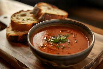 bowl of tomato basil soup with a side of whole grain bread