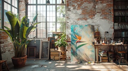 Poster - A studio with a large painting of a flower on the wall