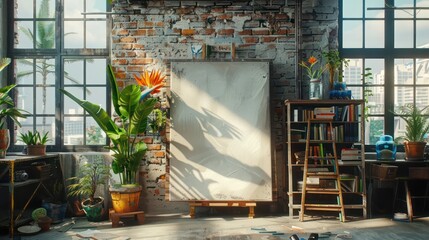 Aufkleber - A white canvas is on a wooden easel in a room with a brick wall