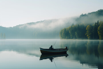  classic boat on a lake with a person fishing