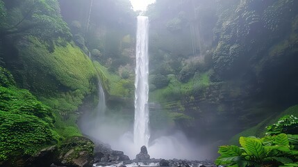 Poster - A waterfall is surrounded by lush green trees and plants