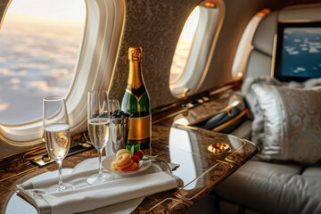 Wall Mural - A bottle of champagne and two glasses of champagne on a table in private jet at airport. Travel concept