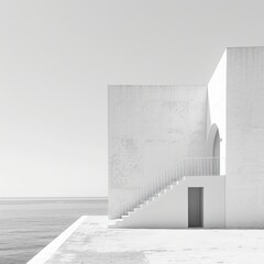 Poster - A white building with a staircase leading up to it