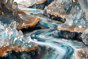 A nexus of molten glass rivers flowing through a crystal landscape