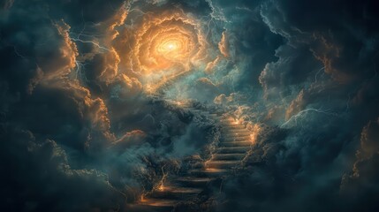 Poster - A spiral staircase is shown in the sky, with clouds and stars in the background