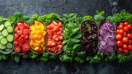 A variety of colorful vegetables, including cucumbers, tomatoes, peppers, lettuce, and cabbage, are arranged in bowls on a dark background.