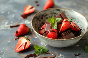 healthy dessert of dark chocolate and fresh strawberries