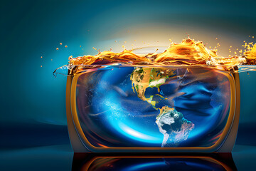 Wall Mural - earth globe inside water, concept of global warming and climate change. copy space.