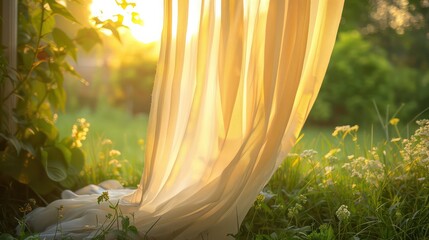 Poster - A white curtain is hanging in a field of grass