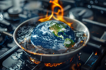 Wall Mural - earth globe inside a boiling pot full of boiling water, concept of global warming and climate change