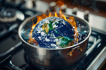 Wall Mural - earth globe inside a boiling pot full of boiling water, concept of global warming and climate change