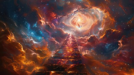 Poster - A colorful space scene with a spiral galaxy and a staircase