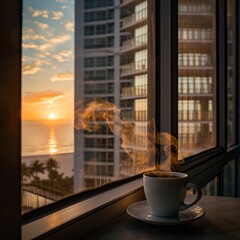 Wall Mural - Cup of steaming coffee under a window with a scenic view. Perfect for cozy, relaxing, and serene themes.