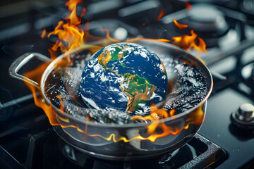 Wall Mural - earth globe inside a boiling pot full of boiling water, concept of global warming and climate change
