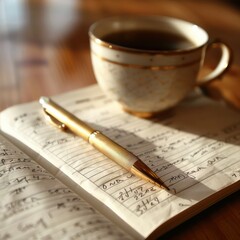 Poster - A pen and a cup of coffee sit on a table next to a notebook