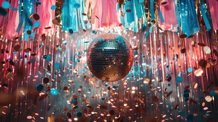 Wall Mural - A disco ball is suspended from the ceiling, surrounded by confetti