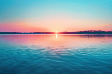 Wall Mural - blue sky, calm lake surface, reflection of the setting sun