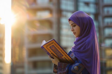 Hijab-wearing Arab Muslim businesswoman standing on the street while talking on a phone against a summer park background.