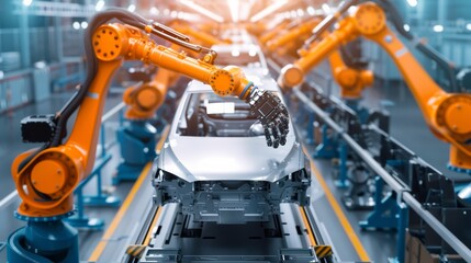 Car factory Digital Industry 4.0 concept: Automated robot arm production line Production of green energy electric vehicles, advanced technology, AI, computer vision analysis, scanning