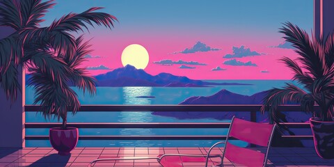 Wall Mural - Retro vintage retrowave synthwave vacation tropical exotic landscape background with palm trees scene