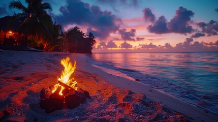 Wall Mural - A Serene and Beautiful Ocean Sunset with Warm Sky Colors, Gentle Waves, Tropical Palm Trees, and a Cozy Beach Bonfire