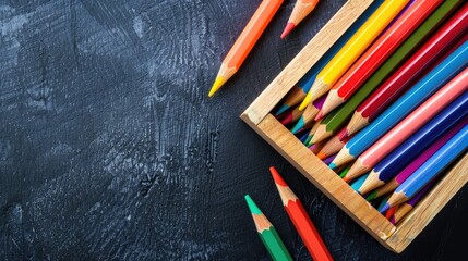 Wall Mural - Various colored pencils in a box for school Empty space available View from above