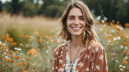 Wall Mural - Smiling woman in floral dress standing in a field of wildflowers